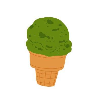 Matcha dondurmasının vektör çizimi. Çubuk ve waffle külahında dondurma. Tatlandırılmış dondurma ve çilekli Taiyaki. Menü tasarımı, yemek blogları, baskılar ve kartpostallar için.