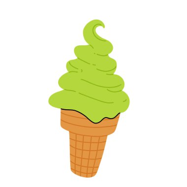 Matcha dondurmasının vektör çizimi. Çubuk ve waffle külahında dondurma. Tatlandırılmış dondurma ve çilekli Taiyaki. Menü tasarımı, yemek blogları, baskılar ve kartpostallar için.