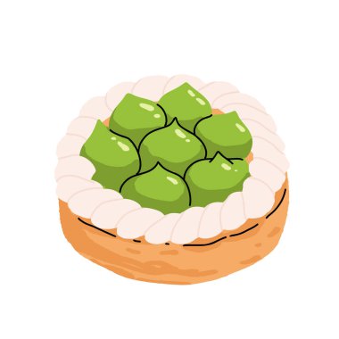 Vector set with japanese matcha desserts. Collection with mochi, matcha mille crepe cake and matcha roll cake, pancakes, macaron, soft serve ice cream, matcha tart and cupcake with strawberry.