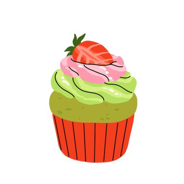 Japon matcha tatlılarıyla dolu bir vektör seti. Mochi, kirazlı krep, kremalı pasta, krep, makarna, dondurma, kirazlı turta ve çilekli kek..