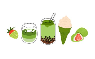 Kibrit çayı, latte, buzlu kibrit. Japon matcha tatlılarıyla dolu bir vektör seti. Mochi, pasta ve rulo kek, krep, makarna, dondurma, kirazlı turta ve çilekli kek..