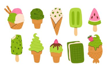 Matcha dondurmasının vektör çizimi. Çubuk ve waffle külahında dondurma. Tatlandırılmış dondurma ve çilekli Taiyaki. Menü tasarımı, yemek blogları, baskılar ve kartpostallar için.