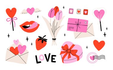 Beyaz bir arka planda kalp ve diğer elementlerle Sevgililer Günü seti. Sevgililer günü, düğün ve aşk konsepti. Vektör illüstrasyonları