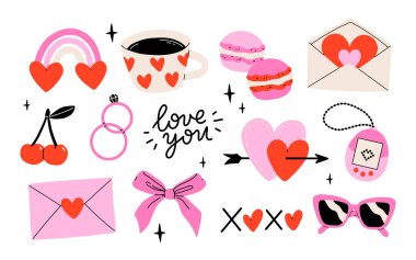 Valentine's Day set with heart and other elements on a white background. Valentine's day, wedding and love concept. Vector illustrations clipart