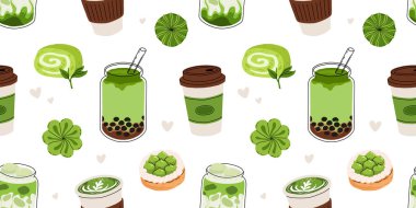 Japon kibrit yemeği. Matcha Cheesecake ve Matcha Tea ile kusursuz desen. Vejetaryen yeşil çay tatlısı ve içecek. Tekrarlanan Vektör arkaplanı, paket kağıdı. Yeşil çay aromalı fırında tart..