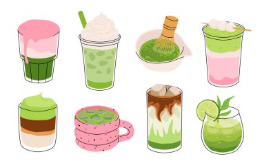 Japon kokteylleri seti. Latte, frappuccino, mojito, limonata ve kahve tonikli matcha içecekleri koleksiyonu. Çeşitli bardaklarda yeşil kibrit sütlü kahve. Düz çizgi film vektör çizimi