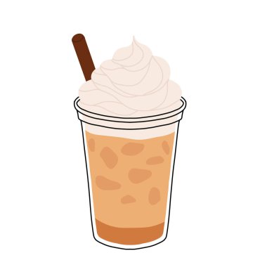 Frappuccino vektör çizimi. Kremalı ve şuruplu kahve kokteyli. Lezzetli içecekler.