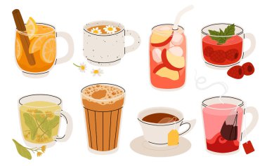 Çay fincanları, fincanlar, yapraklar, çiçekler, meyveler ve meyveli böğürtlen içeren çeşitli bitki çayları. Çay saati, çay seremonisi, parti. Simge, simge, etiket, paketleme, menü için nesne