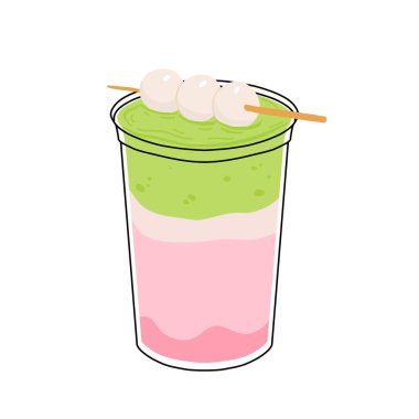 Japonya kokteyle gider. Latte, frappuccino, mojito, limonata ve kahve tonikli matcha ikonu. Çeşitli bardaklarda yeşil kibrit sütlü kahve. Düz çizgi film vektör çizimi