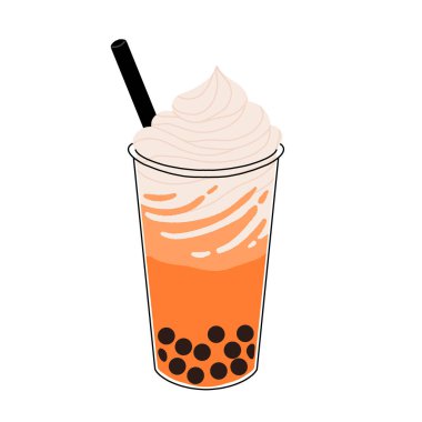 Tayvan baloncuklu plastik bardaklar ya da farklı aromalı boba sütü çayları: kibrit, ballı, vs. Tapyoka incilerinden soğuk Asya içeceği koleksiyonu. Renkli düz vektör illüstrasyonu