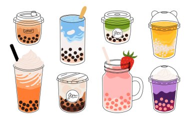 Tayvan baloncuklu plastik bardaklar ya da farklı aromalı boba sütü çayları: kibrit, ballı, vs. Tapyoka incilerinden soğuk Asya içeceği koleksiyonu. Renkli düz vektör illüstrasyonu