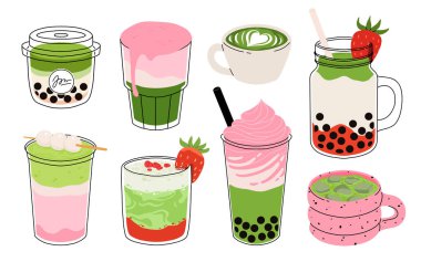 Japon latte seti. Latte sanat kalbi, yaprak, ayı ve kedi içeren kibrit suyu koleksiyonu. Çeşitli bardaklarda yeşil kibrit sütlü kahve. Vektör İllüstrasyonu, düz çizgi film Simgeleri.