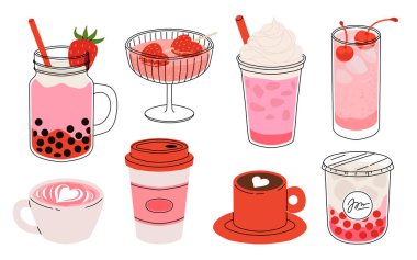 Sevgililer Günü için içki koleksiyonu. Kahve, kakao, sıcak çikolata, krema, köpüklü çay, çilekli süt, vişneli kokteyl, latte, aşk iksiri. Sıcak ve soğuk içecekler