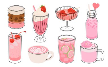 Sevgililer Günü için içki koleksiyonu. Kahve, kakao, sıcak çikolata, krema, çilekli süt, vişneli kokteyl, latte, aşk iksiri. Sevgililer Günü için sıcak ve soğuk içecekler.