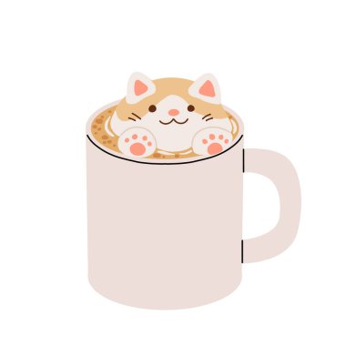 Latte Art 'lı şirin kahve fincanları. Çeşitli latte sanat kalbi, yaprak, ayı, kedi, çiçek içeren kahve içecekleri koleksiyonu. Cafe Bar ya da Kafe Grafikleri. Vektör İllüstrasyonu