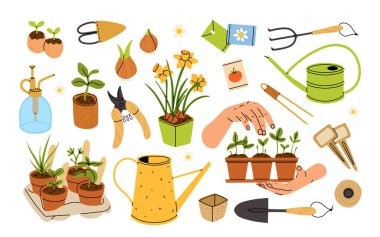 Bahçıvanlık ekipmanları ve aletleri hala yaşam vektör çizimi. Bahçe sulama kutusu, çiçekler, kürek, bitkilerle dolu saksı, beyaz arka planda izole edilmiş lastik bot ikonu.