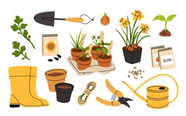 Bahçıvanlık ekipmanları ve aletleri hala yaşam vektör çizimi. Bahçe sulama kutusu, çiçekler, kürek, bitkilerle dolu saksı, beyaz arka planda izole edilmiş lastik bot ikonu.