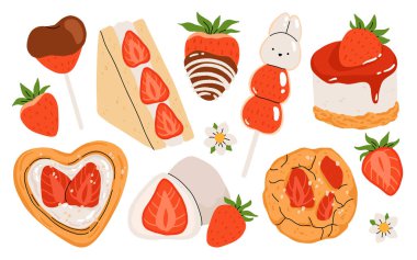Çilek seti. Yaz tatlıları ve çilek tadında tatlılar. Çikolatalı çilek, kurabiye, sandviç, mochi, cheesecake, tanghulu. Çiçekler ve yapraklarla Düz Vektör illüstrasyonu.