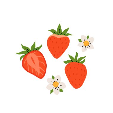Çilek seti. Yaz tatlıları ve çilek tadında tatlılar. Çikolatalı çilek, kurabiye, sandviç, mochi, cheesecake, tanghulu. Çiçekler ve yapraklarla Düz Vektör illüstrasyonu.