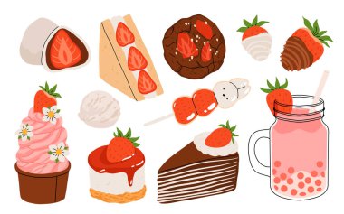Çilek seti. Yaz içecekleri, tatlılar ve çilek tadında tatlılar. Çikolatalı çilek, kurabiye, sandviç, mochi, cheesecake, tanghulu. Çiçekler ve yapraklarla Düz Vektör illüstrasyonu.