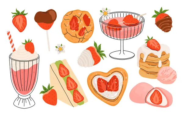 Çilek seti. Yaz içecekleri, tatlılar ve çilek tadında tatlılar. Çikolatalı çilek, kurabiye, sandviç, mochi, cheesecake, tanghulu. Çiçekler ve yapraklarla Düz Vektör illüstrasyonu.
