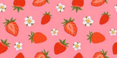 Çilekli düz vektör desenli. Yaz içecekleri, tatlılar ve çilek tadında tatlılar. Çikolatalı çilek, kurabiye, sandviç, mochi, cheesecake, tanghulu.