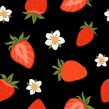 Çilekli düz vektör desenli. Yaz içecekleri, tatlılar ve çilek tadında tatlılar. Çikolatalı çilek, kurabiye, sandviç, mochi, cheesecake, tanghulu.