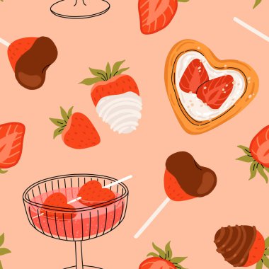 Çilekli düz vektör desenli. Yaz içecekleri, tatlılar ve çilek tadında tatlılar. Çikolatalı çilek, kurabiye, sandviç, mochi, cheesecake, tanghulu.