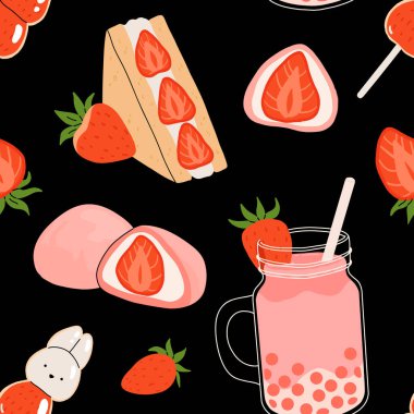 Çilekli düz vektör desenli. Yaz içecekleri, tatlılar ve çilek tadında tatlılar. Çikolatalı çilek, kurabiye, sandviç, mochi, cheesecake, tanghulu.