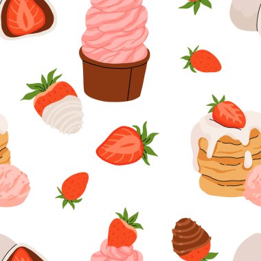 Çilekli düz vektör desenli. Yaz içecekleri, tatlılar ve çilek tadında tatlılar. Çikolatalı çilek, kurabiye, sandviç, mochi, cheesecake, tanghulu.