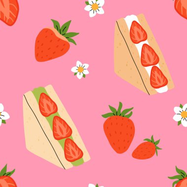 Çilekli düz vektör desenli. Yaz içecekleri, tatlılar ve çilek tadında tatlılar. Çikolatalı çilek, kurabiye, sandviç, mochi, cheesecake, tanghulu.
