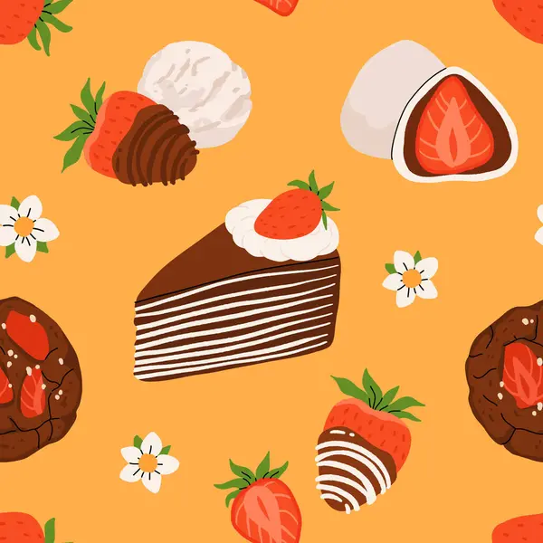 Çilekli düz vektör desenli. Yaz içecekleri, tatlılar ve çilek tadında tatlılar. Çikolatalı çilek, kurabiye, sandviç, mochi, cheesecake, tanghulu.