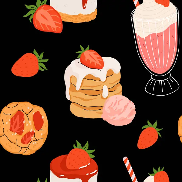 Çilekli düz vektör desenli. Yaz içecekleri, tatlılar ve çilek tadında tatlılar. Çikolatalı çilek, kurabiye, sandviç, mochi, cheesecake, tanghulu.