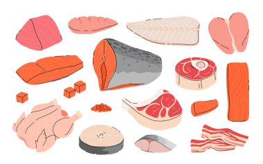 Et ve balık seti. Biftek ve domuz eti koleksiyonu, jambon, fileto. Pişirmek için taze malzeme. Tavuk ve somon. Beyaz ve kırmızı balık. Çizgi film tarzında izole vektör illüstrasyonu