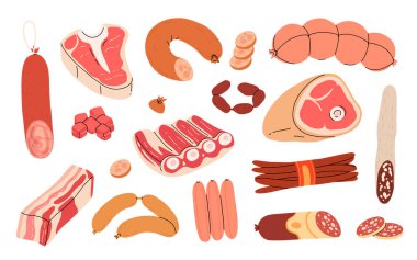 Barbekü, sosis, et, biftek, tavuk bacağı için et ürünleri. Et parçalarının karikatür çizimi. Çiğ ve kızarmış et kebabı.