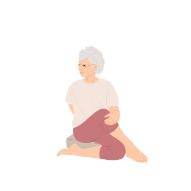 Yaşlı insan yoga yapıyor, pilates yapıyor, jimnastik yapıyor, yaşlı adam ve kadın esneme hareketleri yapıyor. Yaşlılar için beden eğitimi, spor ve yoga. Düz vektör illüstrasyonu