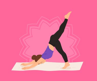 Gülümseyen kadın spor salonu vektörü düz çizimde vücut esneme egzersizi yapıyor. Spor kıyafetli bir kadın minderde yoga egzersizi yapıyor. Spor eğitimi sırasında sporcu kadın. Aktif kişi aerobikten hoşlanıyor