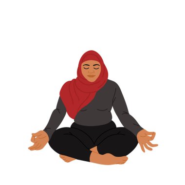Müslüman kadın yoga egzersizi yapıyor. Türbanlı kadınlar için spor fitness. Vücut pozitif konsept vektör çizimi.