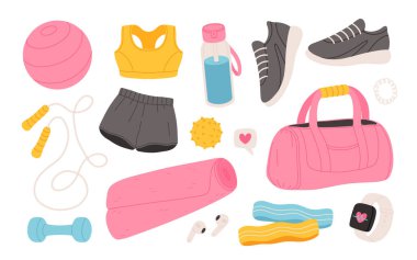 Spor malzemeleri koleksiyonu, fitball, dambıllar, spor ayakkabıları, bir şişe su, fitness saati. Kadınlar için spor aksesuarlarının vektör çizimleri.
