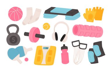 Spor ekipmanları hazır. Spor aksesuarları, antrenman malzemeleri, spor kıyafetleri. Aptal, su şişesi, fitness stepper, rulo. Beyaz arkaplanda izole edilmiş düz grafik vektör çizimleri
