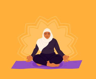 Müslüman kadın yoga egzersizi yapıyor. Türbanlı kadınlar için spor fitness. Vücut pozitif konsept vektör çizimi.