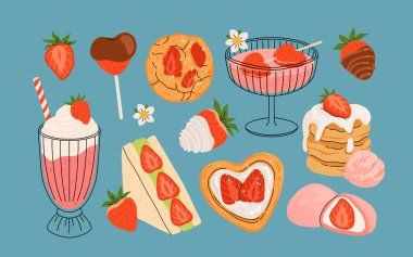 Çilek seti. Yaz ferahlatıcı içecekler, tatlı ve çilek tadında tatlılar. Çikolatalı çilek. Çiçekler, yapraklar, çilekler. Düz Vektör el çizimi karikatür çizimi izole edildi