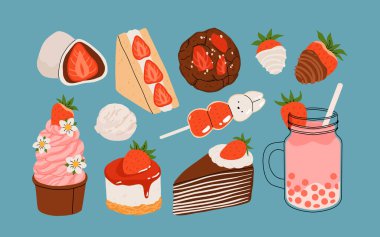 Çilek seti. Yaz ferahlatıcı içecekler, tatlı ve çilek tadında tatlılar. Çikolatalı çilek. Çiçekler, yapraklar, çilekler. Düz Vektör el çizimi karikatür çizimi izole edildi