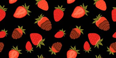 Kırmızı çikolata kaplı çilekli kusursuz vektör deseni, izole bir arka planda, düz bir şekilde. Baskı, ambalaj kağıdı, duvar kağıdı, kumaş, tasarım için ideal.