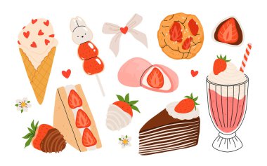 Çilek seti. Yaz ferahlatıcı içecekler, tatlı ve çilek tadında tatlılar. Çikolatalı çilek. Çiçekler, yapraklar, çilekler. Düz Vektör illüstrasyonu beyaz arkaplanda izole edildi