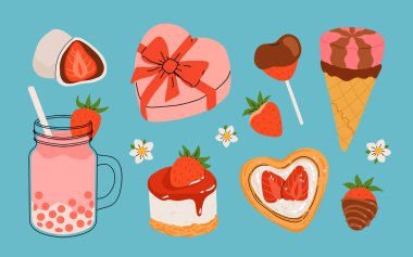 Çilek seti. Yaz ferahlatıcı içecekler, tatlı ve çilek tadında tatlılar. Çikolatalı çilek. Çiçekler, yapraklar, çilekler. Düz Vektör illüstrasyonu beyaz arkaplanda izole edildi