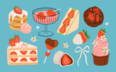 Çilek seti. Yaz ferahlatıcı içecekler, tatlı ve çilek tadında tatlılar. Çikolatalı çilek. Çiçekler, yapraklar, çilekler. Düz Vektör illüstrasyonu beyaz arkaplanda izole edildi