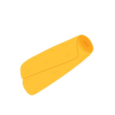 Beyaz arka planda sarı yoga minderinin vektör çizimi. Sağlıklı yaşam tarzı konsepti, spor malzemeleri. Spor tasarımı, çıkartmalar, web tasarım ögeleri, kartpostallar, afişler için resim.