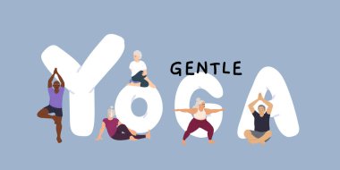 Yaşlıların fiziksel egzersizleri, spor ve yogası vektör illüstrasyonunu belirler. Çizgi film yaşlı insan aktif pilates yapıyor ve jimnastik yapıyor, yaşlı adam ve kadın esneme hareketleri yapıyor.