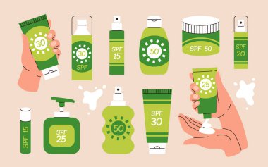 Güneş güvenlik koleksiyonu. Krem, tüp ve güneş kremi ile kaplanmış krem, ruj, sprey. El yapımı yaz kozmetiği. Güneş kremi, cilt koruması, cilt bakım ürünleri. Vektör